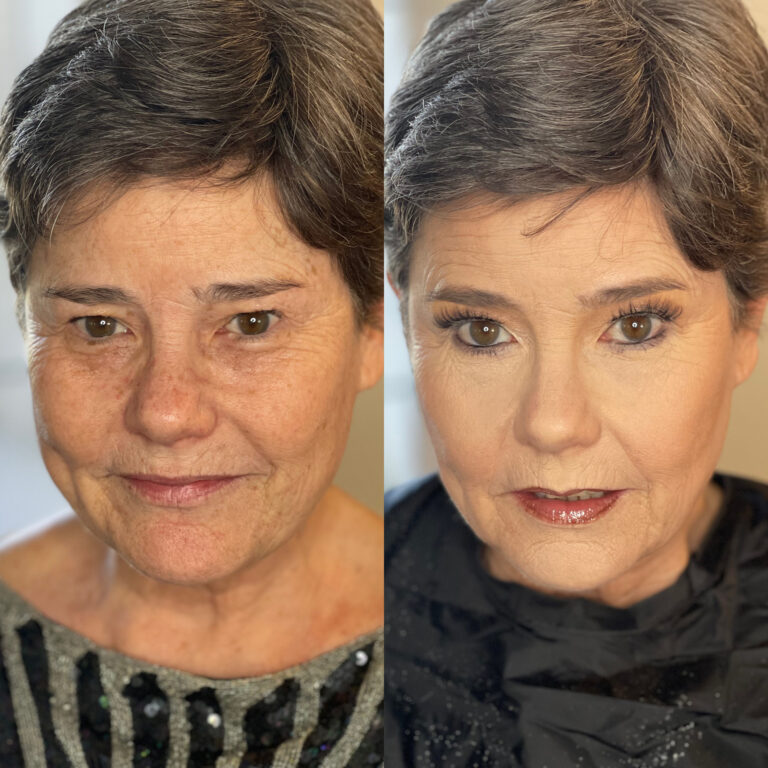 Before and after makeup on caucasian woman with mature skin.