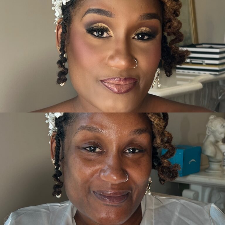 Before and after bridal makeup transformation on black bride with gold eyeshadow, pink lipstick and curly locs.