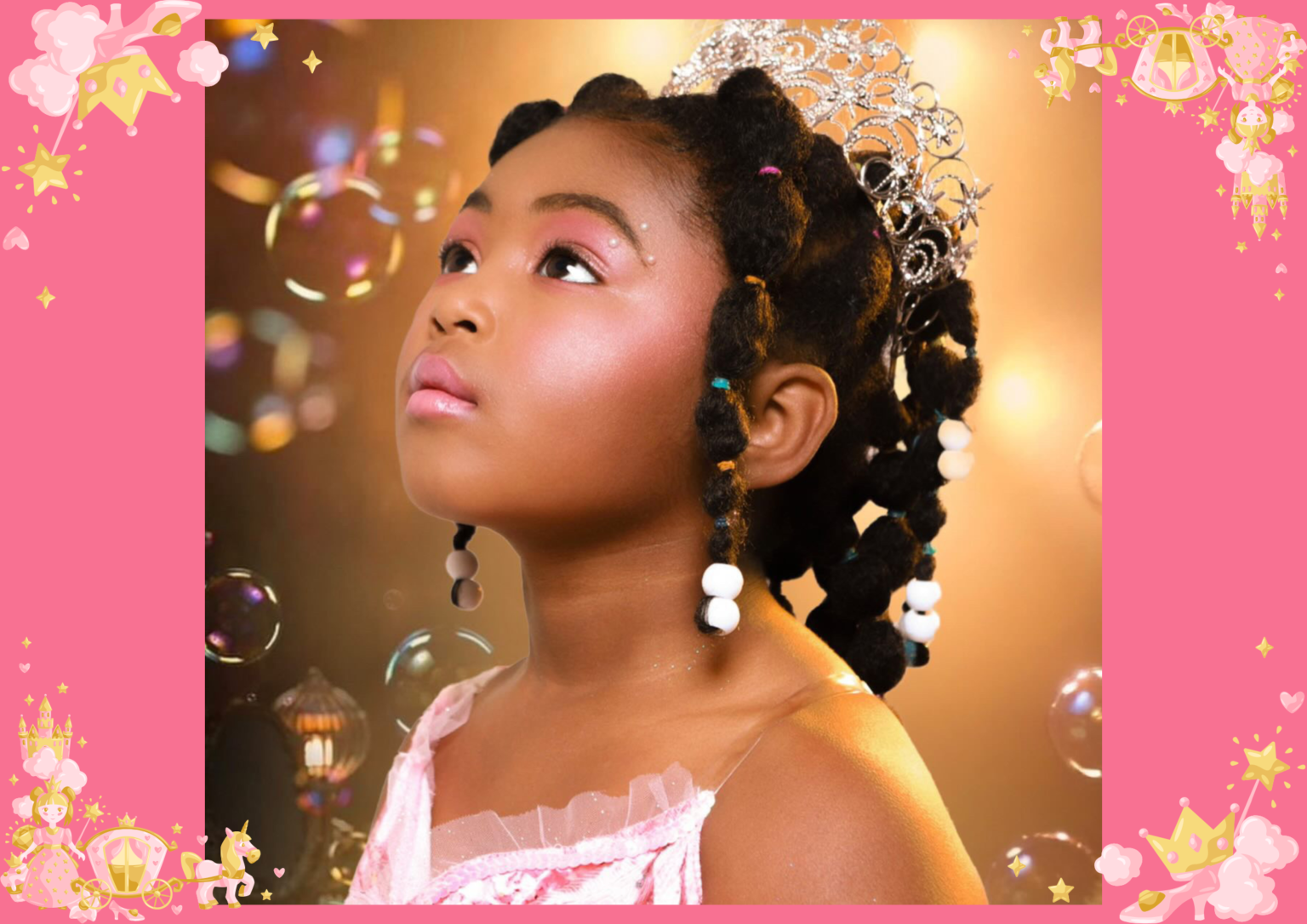 Young girl dressed as a princess with sparkling tiara, soft pink glam makeup, and a dreamy expression, surrounded by glowing lights and floating bubbles.